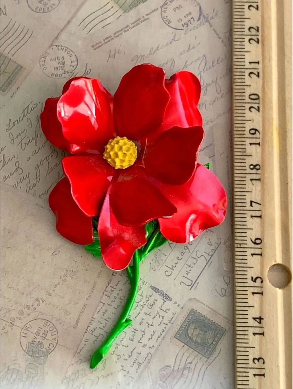 Vintage Enamel Bright Red Flower Brooch Pin with Glossy Finish and Yellow Center